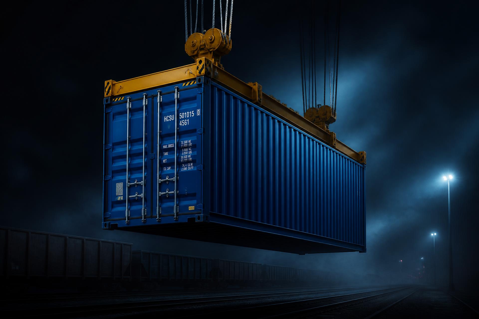 Blue shipping container suspended by industrial crane at night