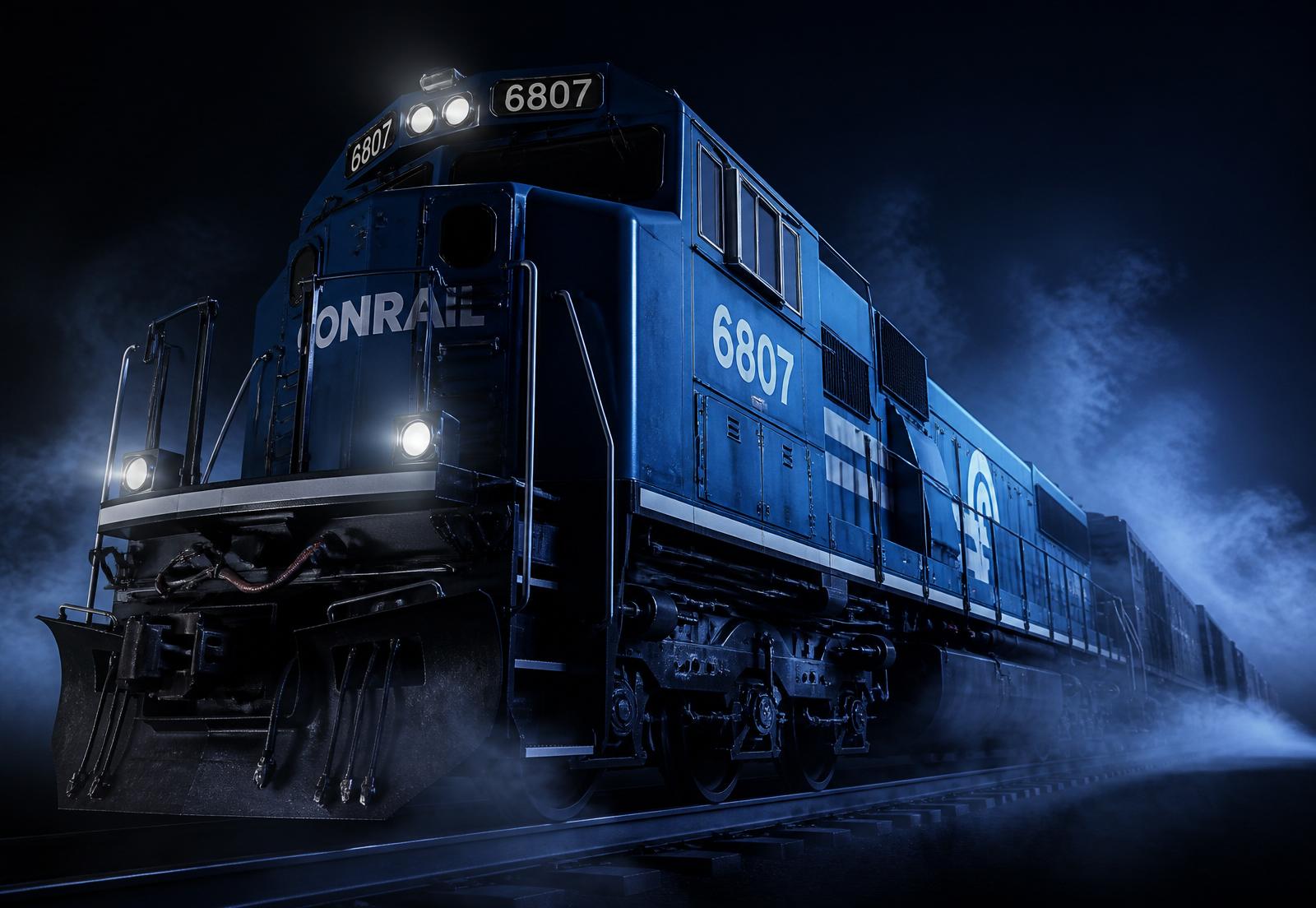 Blue freight locomotive emerging from fog