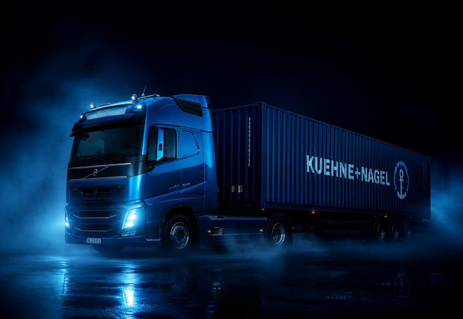 Blue heavy-haul truck with shipping container